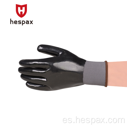 Guantes de trabajo de recubrimiento completo de nitrilo anti-aceite de hespax nylon